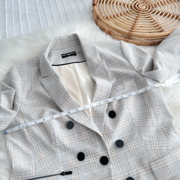Karl Lagerfeld Double Breasted Notch Collar Blazer Checked Plaid Cream Button 12 - Picture 12 of 14